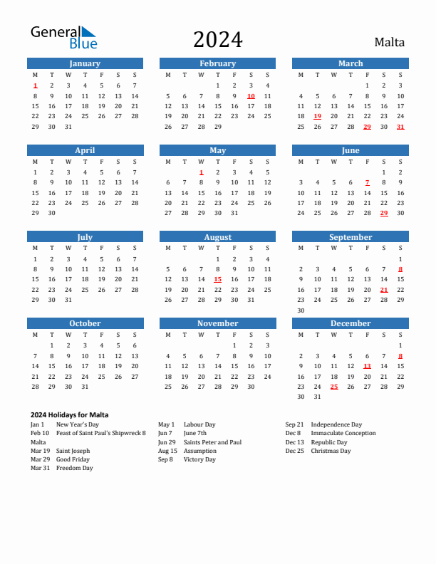 Malta 2024 Calendar with Holidays