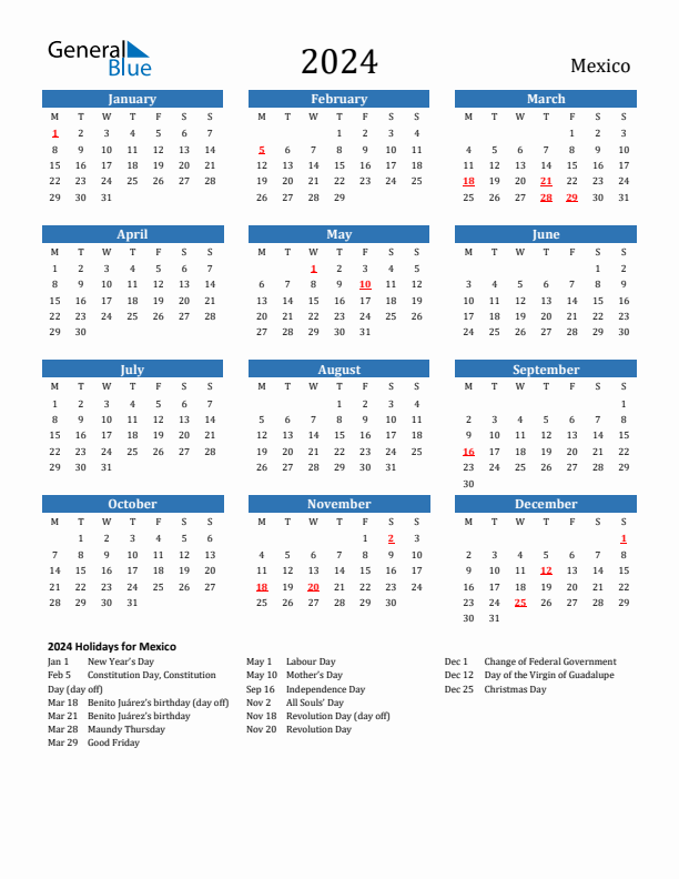 Mexico 2024 Calendar with Holidays