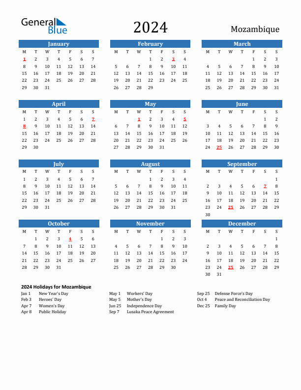 Mozambique 2024 Calendar with Holidays