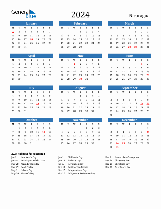 Nicaragua 2024 Calendar with Holidays