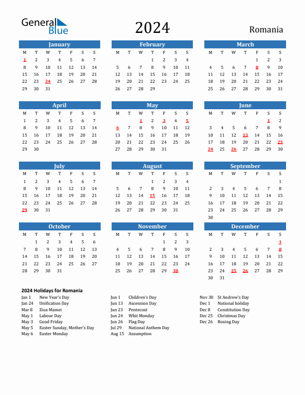 Romania 2024 Calendar with Holidays