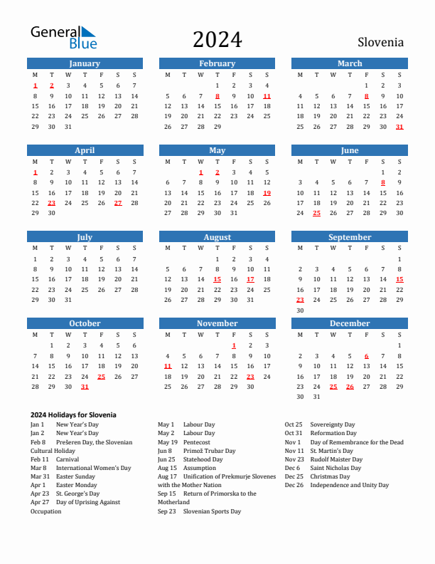 Slovenia 2024 Calendar with Holidays