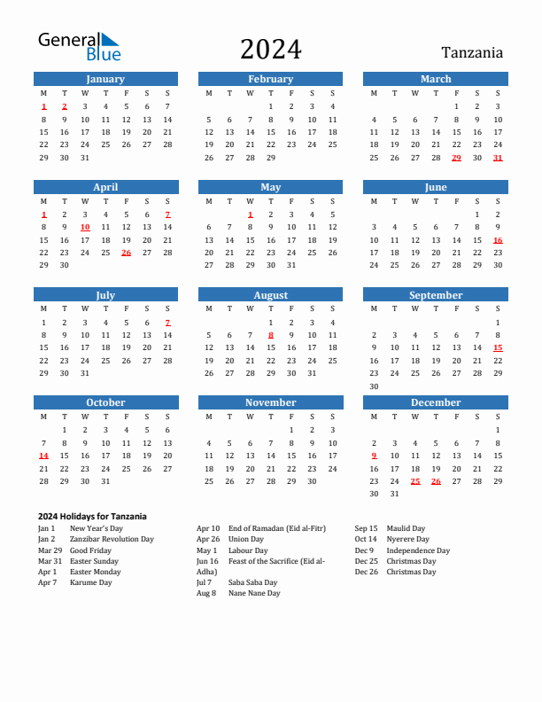 Tanzania 2024 Calendar with Holidays