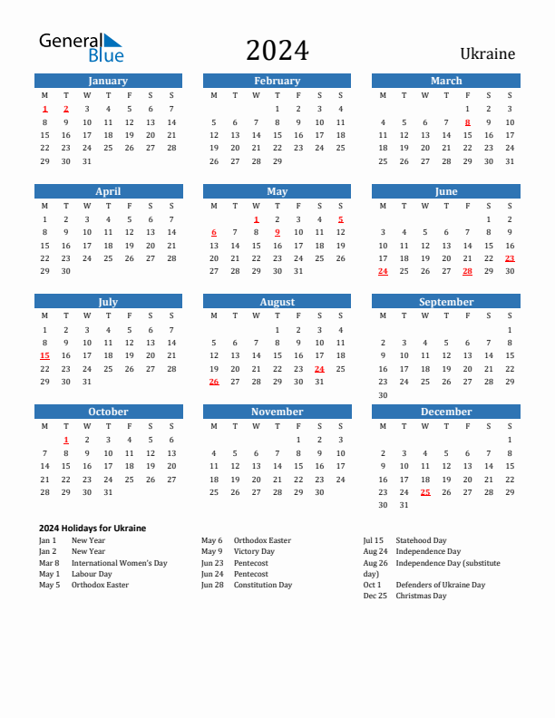 Ukraine 2024 Calendar with Holidays