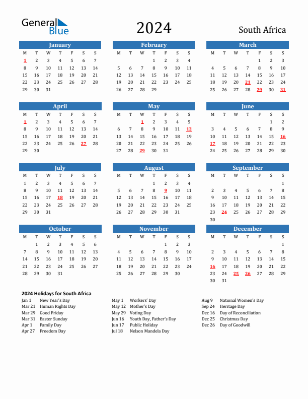 South Africa 2024 Calendar with Holidays