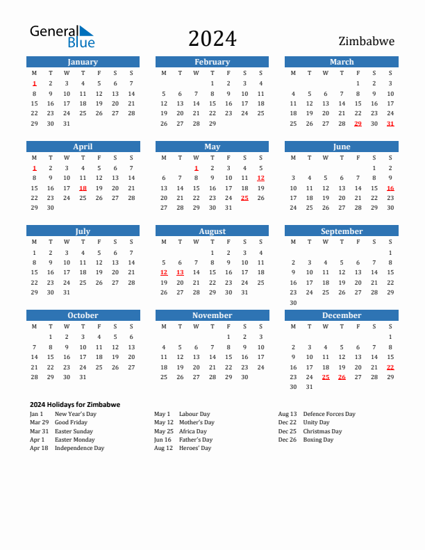 Zimbabwe 2024 Calendar with Holidays