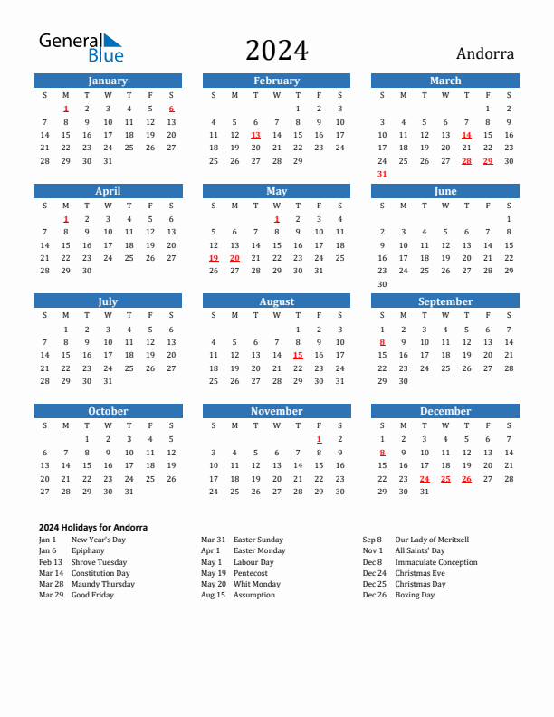 Andorra 2024 Calendar with Holidays