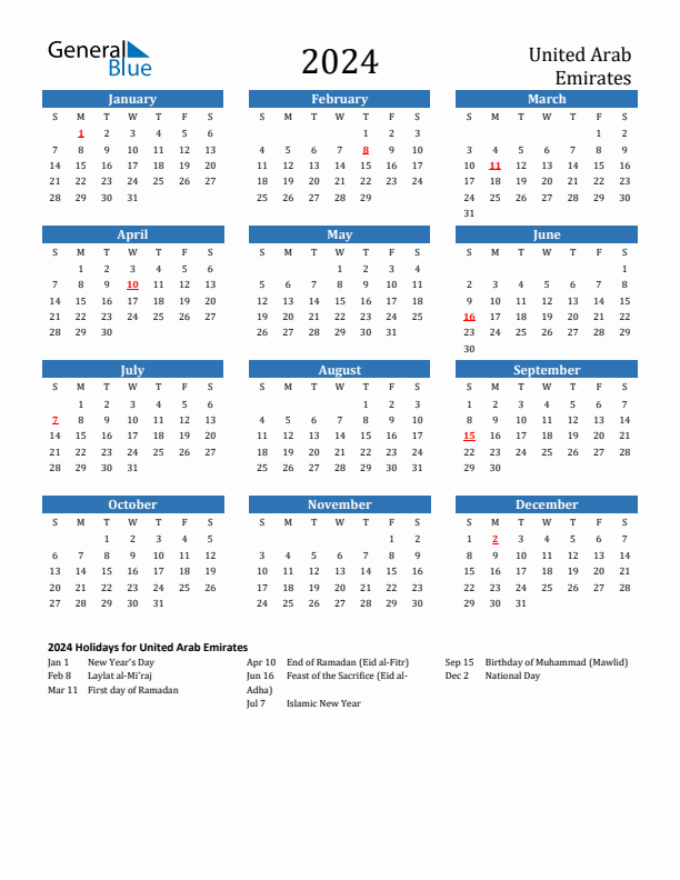 United Arab Emirates 2024 Calendar with Holidays