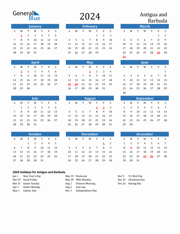 Antigua and Barbuda 2024 Calendar with Holidays