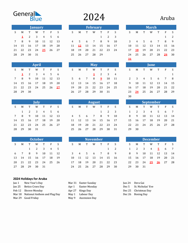 Aruba 2024 Calendar with Holidays