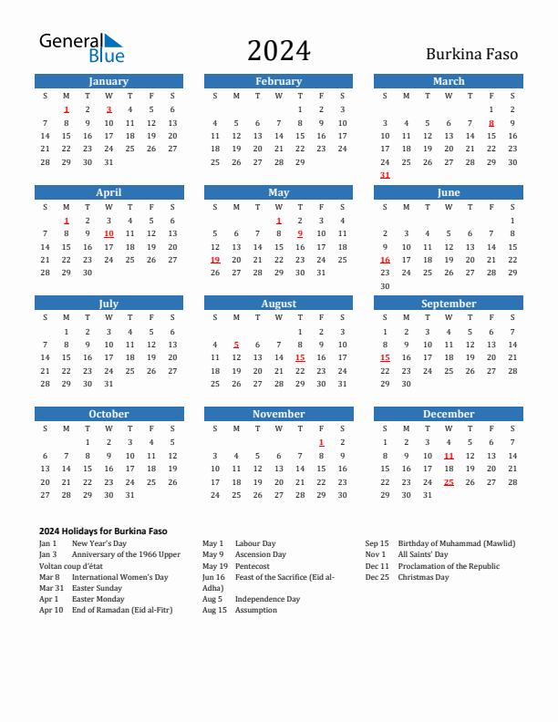 Burkina Faso 2024 Calendar with Holidays