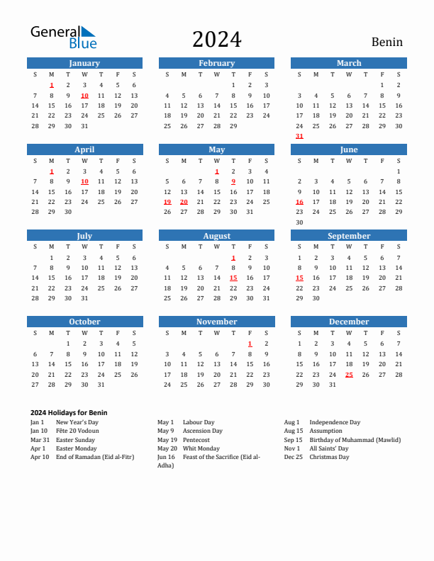 Benin 2024 Calendar with Holidays