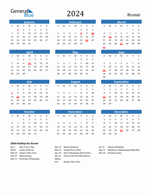 Brunei current year calendar 2024 with holidays