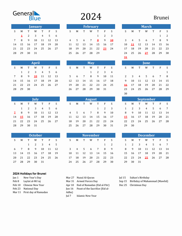 Brunei 2024 Calendar with Holidays