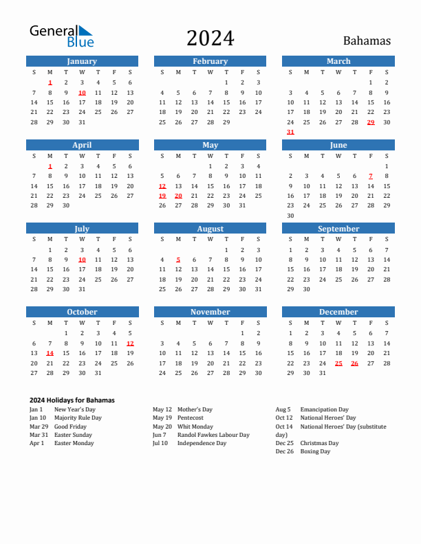 Bahamas 2024 Calendar with Holidays