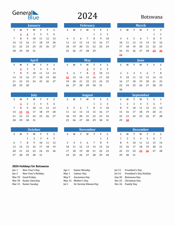 Botswana 2024 Calendar with Holidays