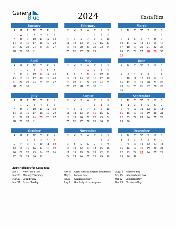 Costa Rica 2024 Calendar with Holidays