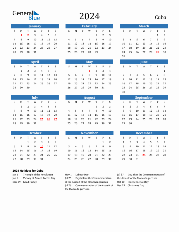 Cuba 2024 Calendar with Holidays