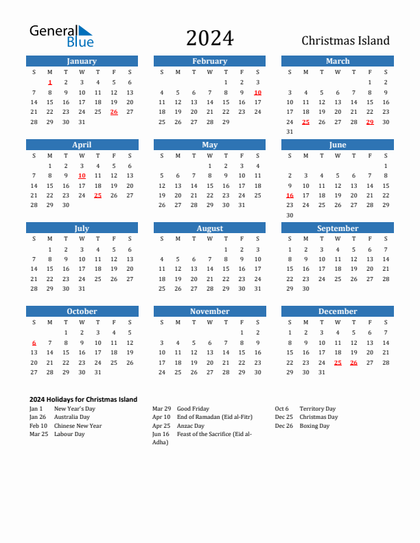 Christmas Island 2024 Calendar with Holidays