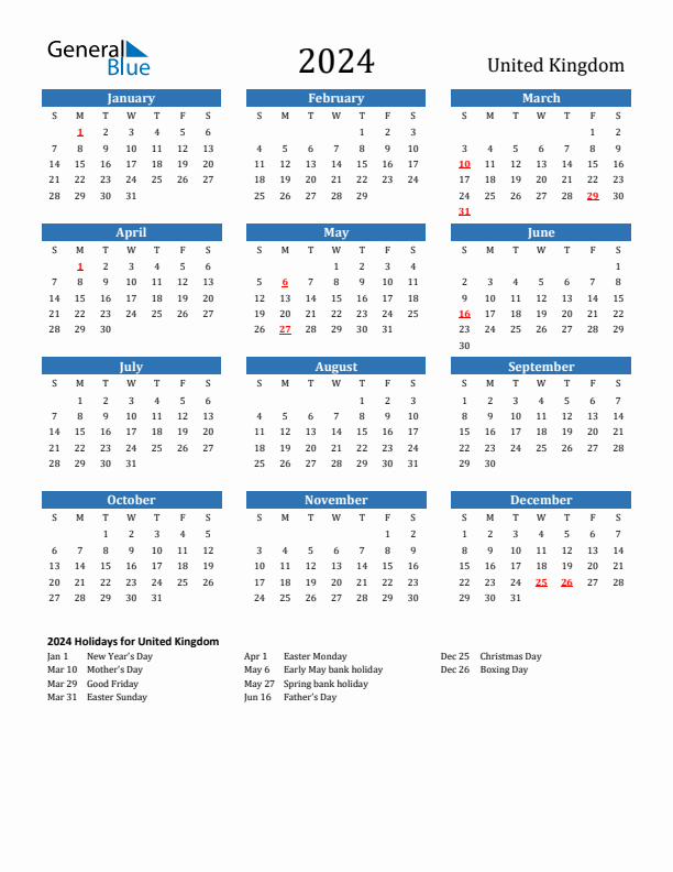 United Kingdom 2024 Calendar with Holidays