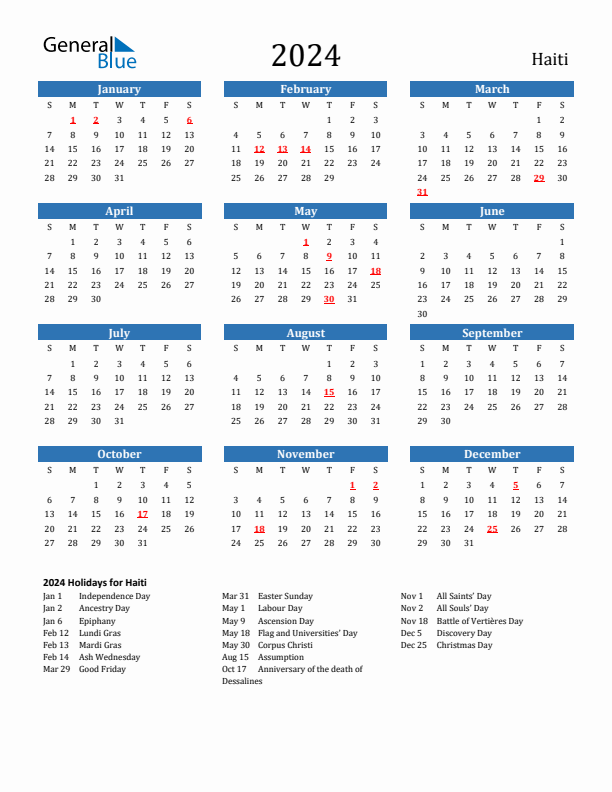 Haiti 2024 Calendar with Holidays