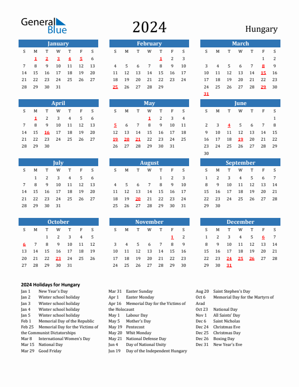 Hungary 2024 Calendar with Holidays