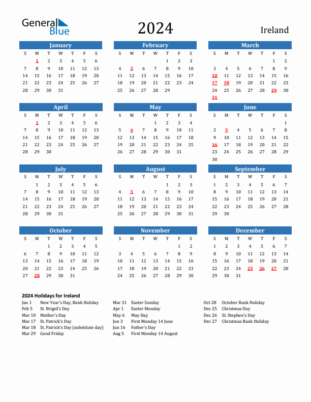 Ireland 2024 Calendar with Holidays