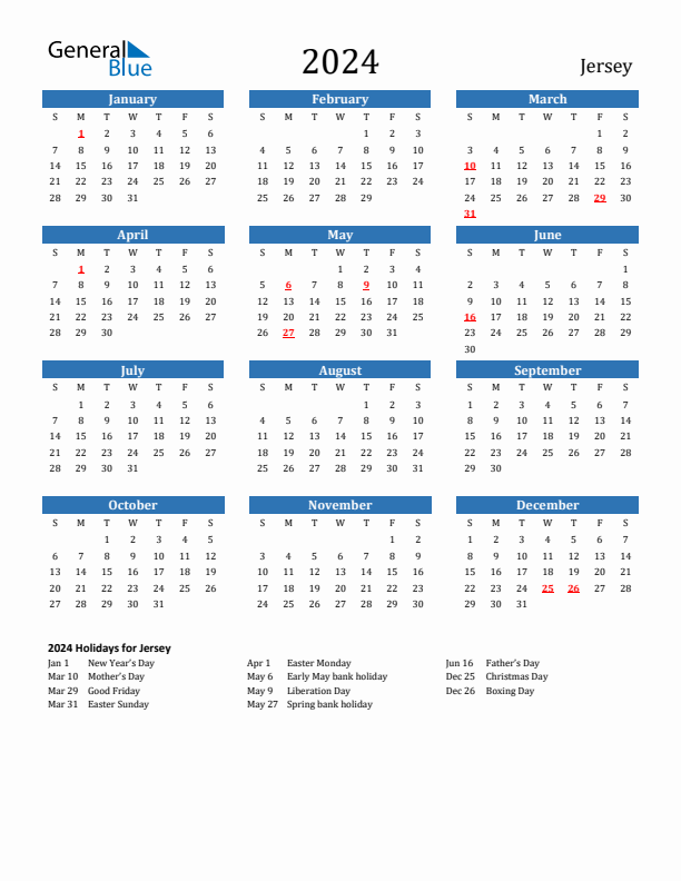 Jersey 2024 Calendar with Holidays