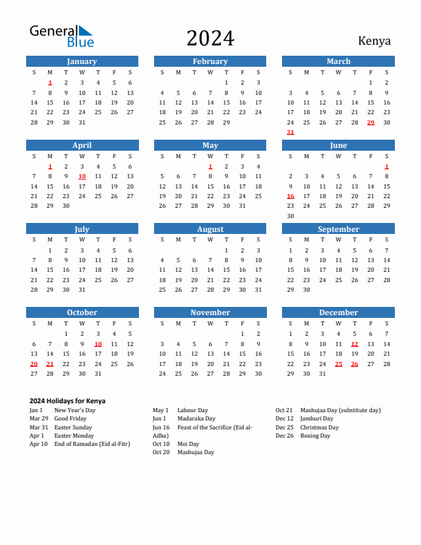 Kenya 2024 Calendar with Holidays