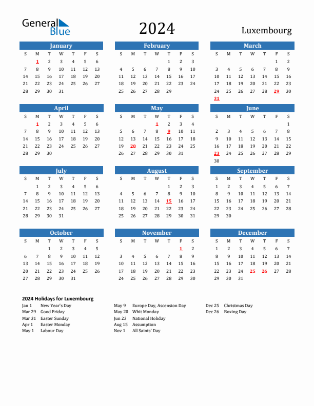 Luxembourg 2024 Calendar with Holidays