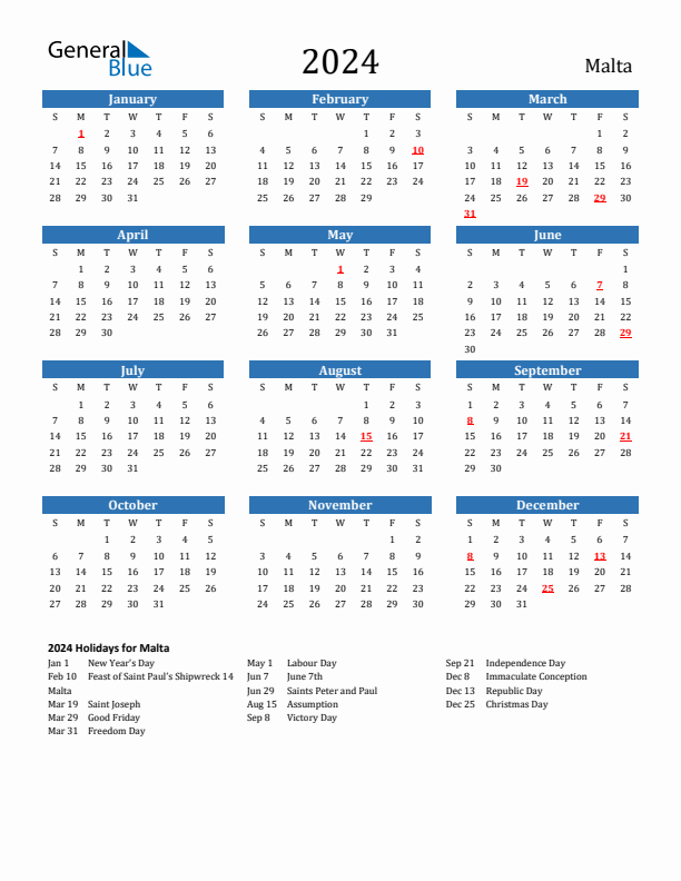 Malta 2024 Calendar with Holidays