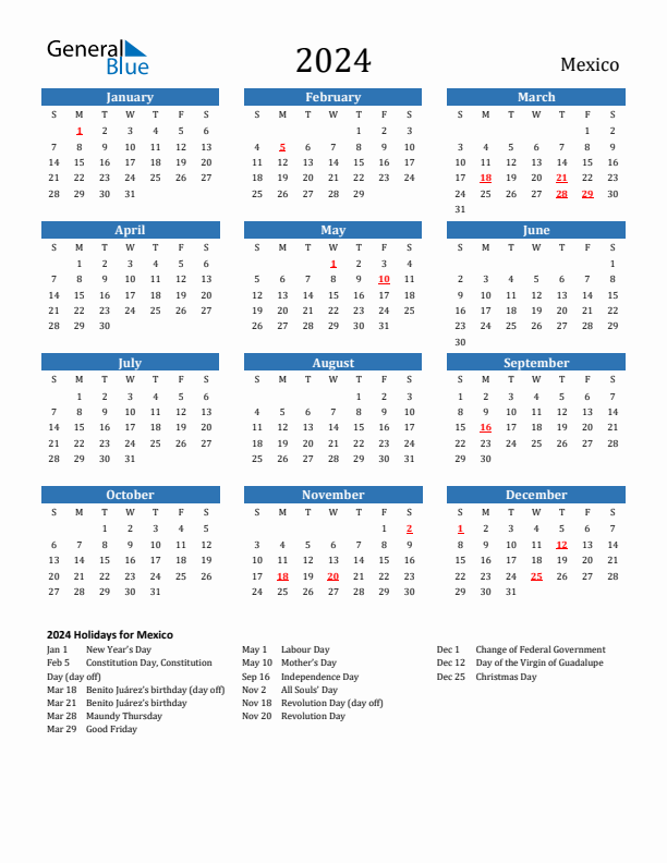 Mexico 2024 Calendar with Holidays