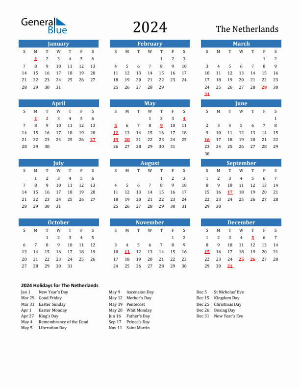 The Netherlands 2024 Calendar with Holidays