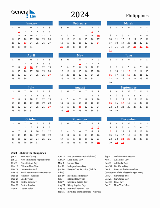 Philippines 2024 Calendar with Holidays