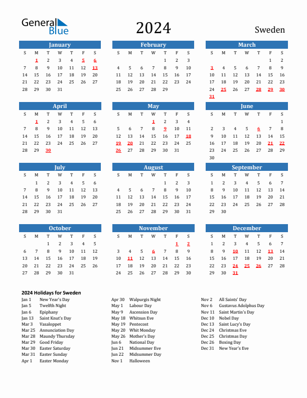 Sweden 2024 Calendar with Holidays