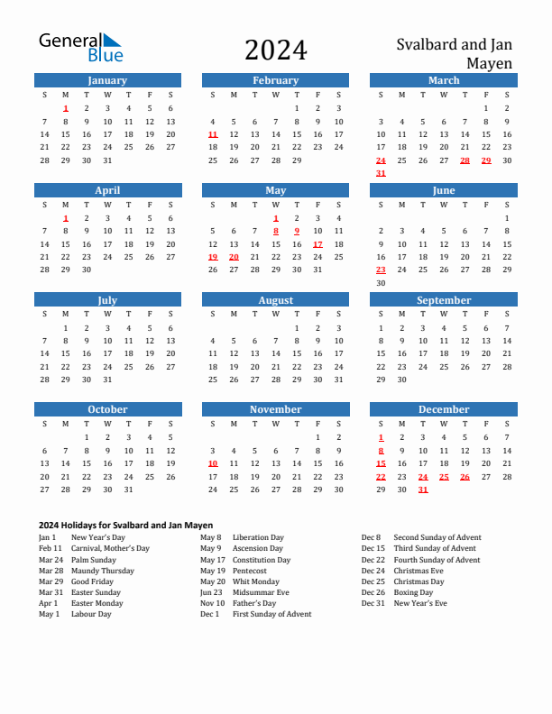 Svalbard and Jan Mayen 2024 Calendar with Holidays