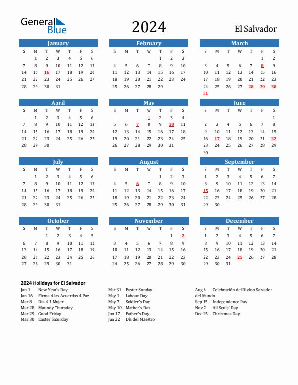 El Salvador 2024 Calendar with Holidays