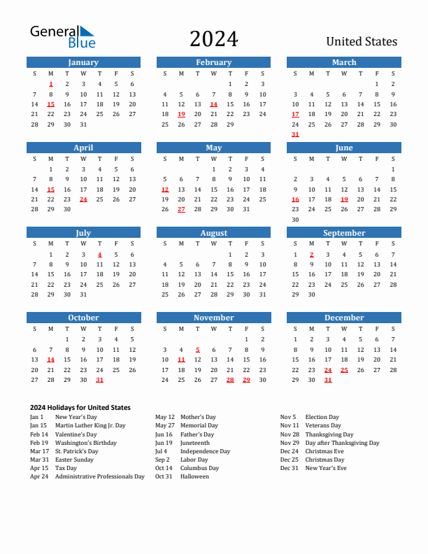 United States 2024 Calendar with Holidays