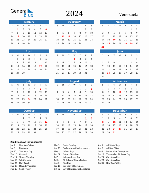 Venezuela 2024 Calendar with Holidays