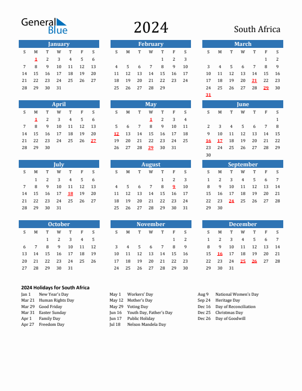 South Africa 2024 Calendar with Holidays