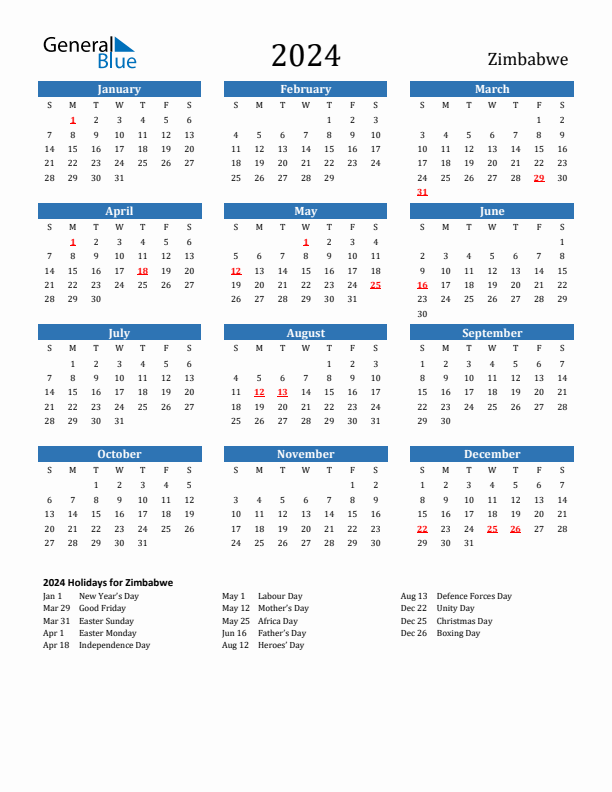 Zimbabwe 2024 Calendar with Holidays