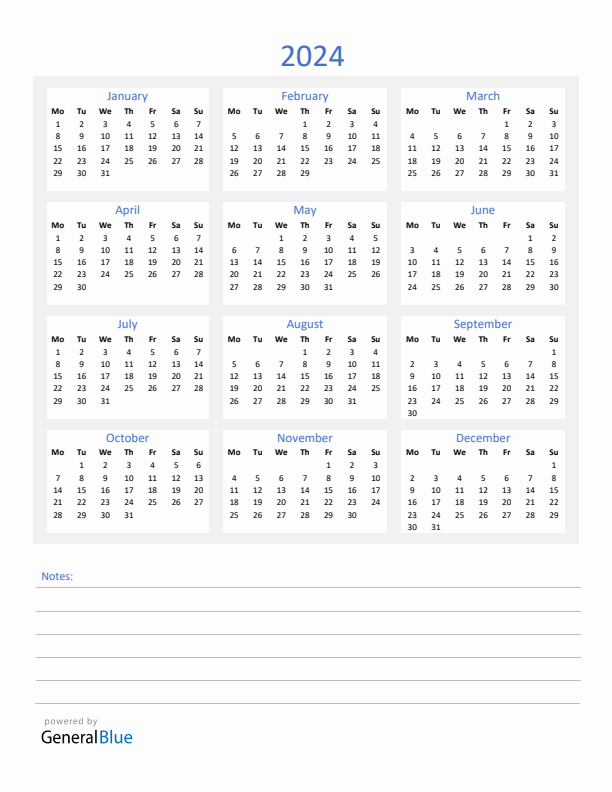 2024 Yearly Calendar Template with Notes Section (PDF Excel Word)