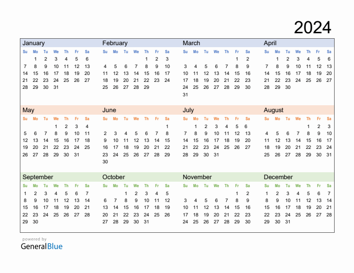 Free Downloadable 2024 Yearly Calendar Template 