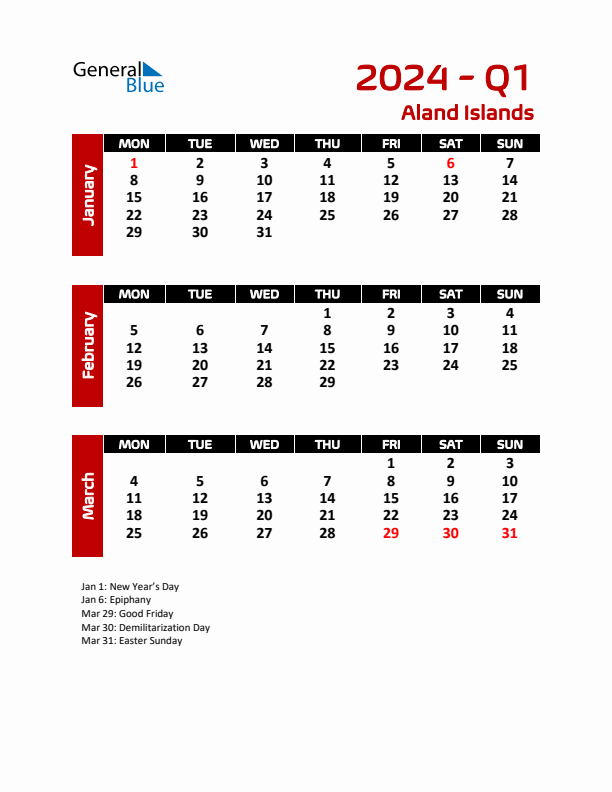 Q1 2024 Calendar with Holidays in Aland Islands