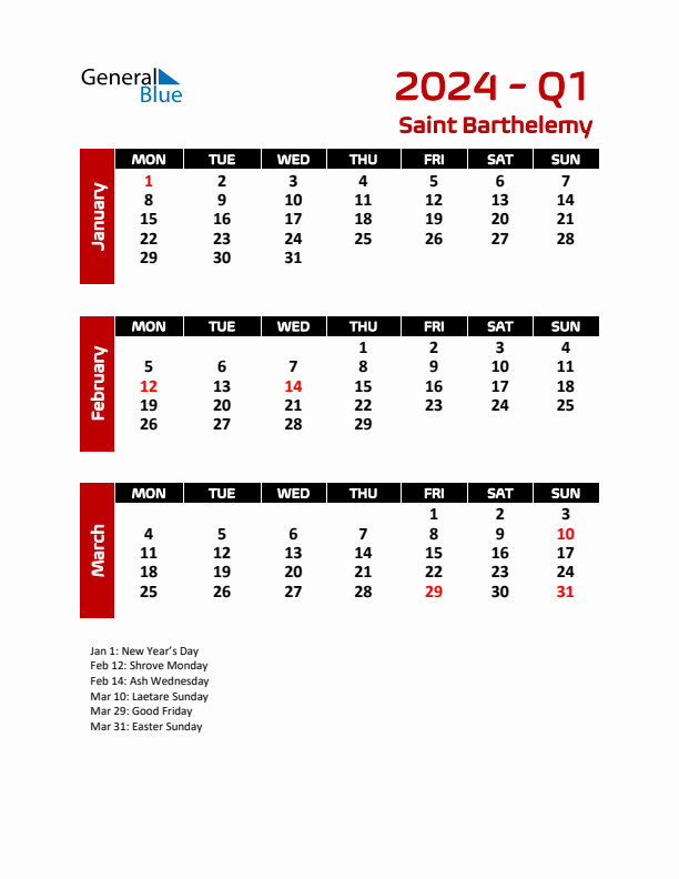 Q1 2024 Calendar with Holidays in Saint Barthelemy