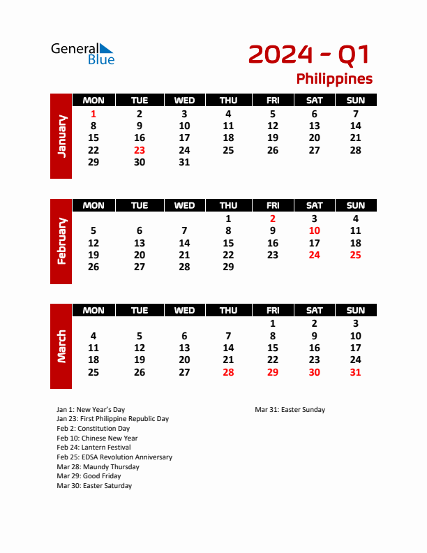 Q1 2024 Calendar with Holidays in Philippines