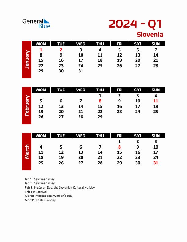 Q1 2024 Calendar with Holidays in Slovenia