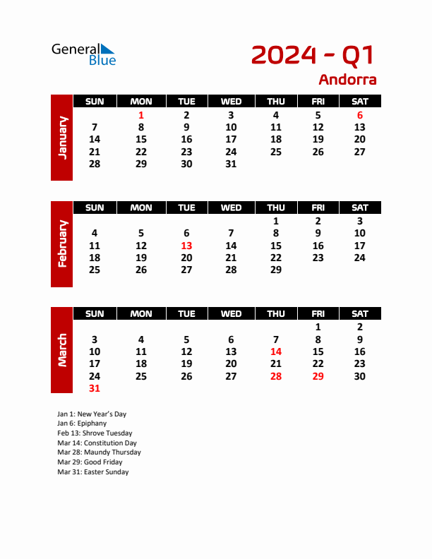 Q1 2024 Calendar with Holidays in Andorra