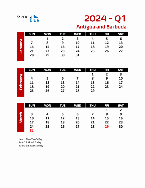 Q1 2024 Calendar with Holidays in Antigua and Barbuda