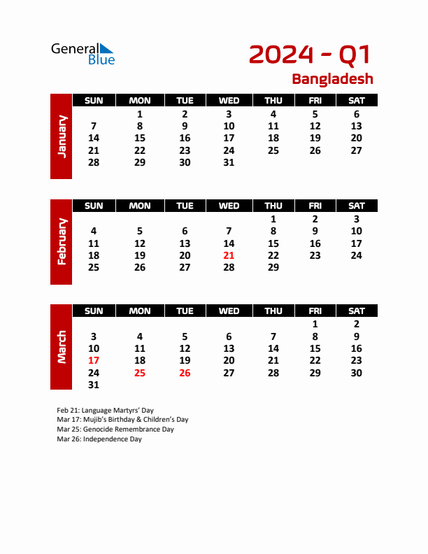 Q1 2024 Calendar with Holidays in Bangladesh